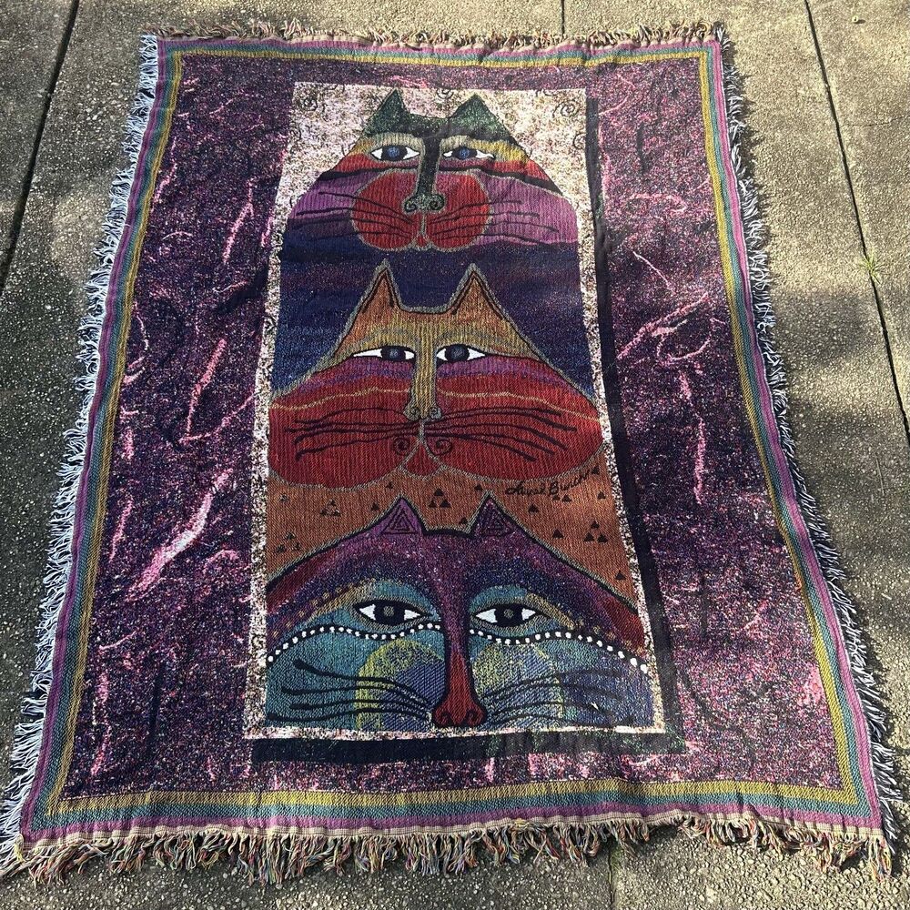 Vintage Laurel Burch "Fat Cats" Feline Tapestry Throw Blanket 62x47